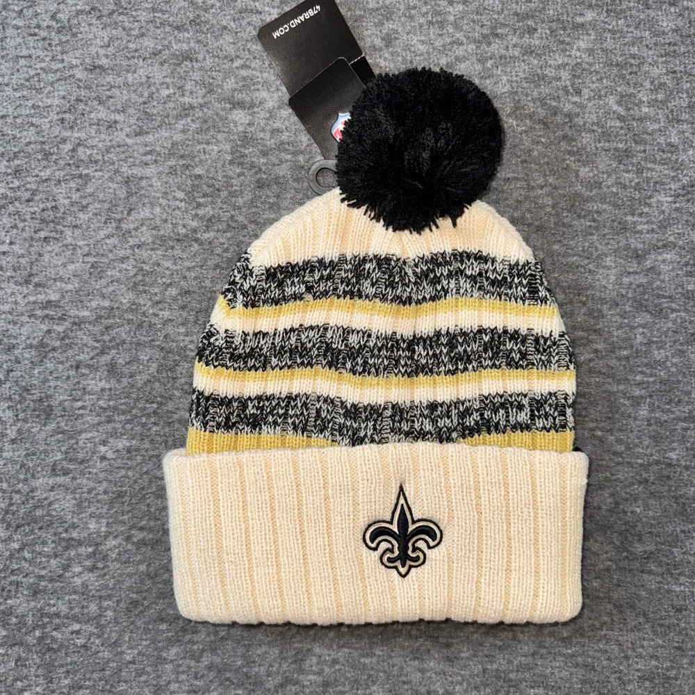 New Orleans Saints 47 Brand NFL Pom Beanie Knit Hat Winter OSFA Natural NEW